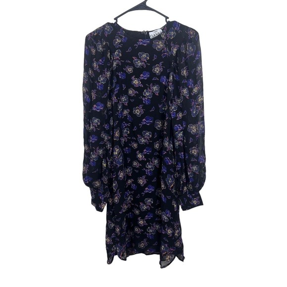 Ganni Floral Georgette Long Sleeve Shift Mini Dress Multicolor Size 36 - Picture 2 of 14